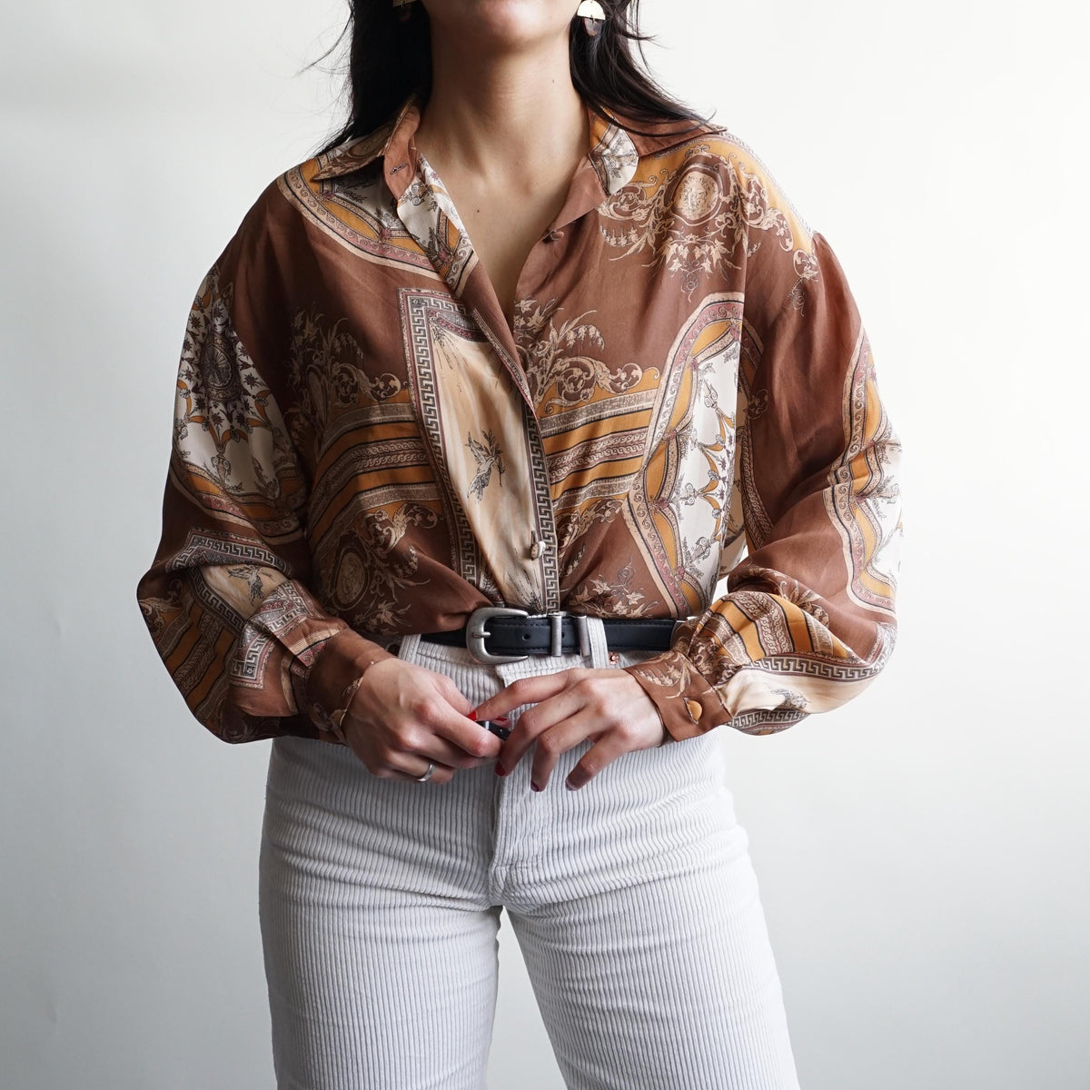 Vintage 80s Silk Blouse size L baroque print