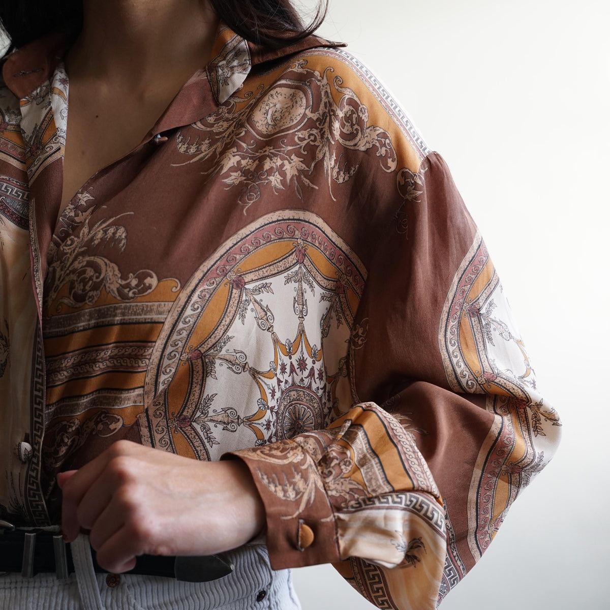 Vintage 80s Silk Blouse size L baroque print