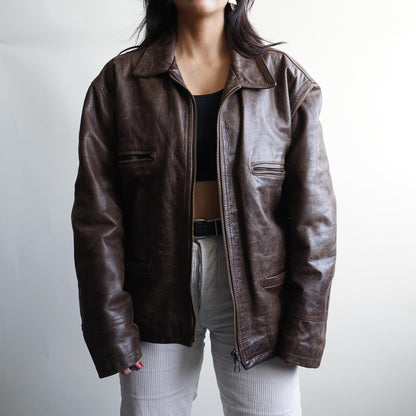Vintage Leather Bomber Jacket Men Size M
