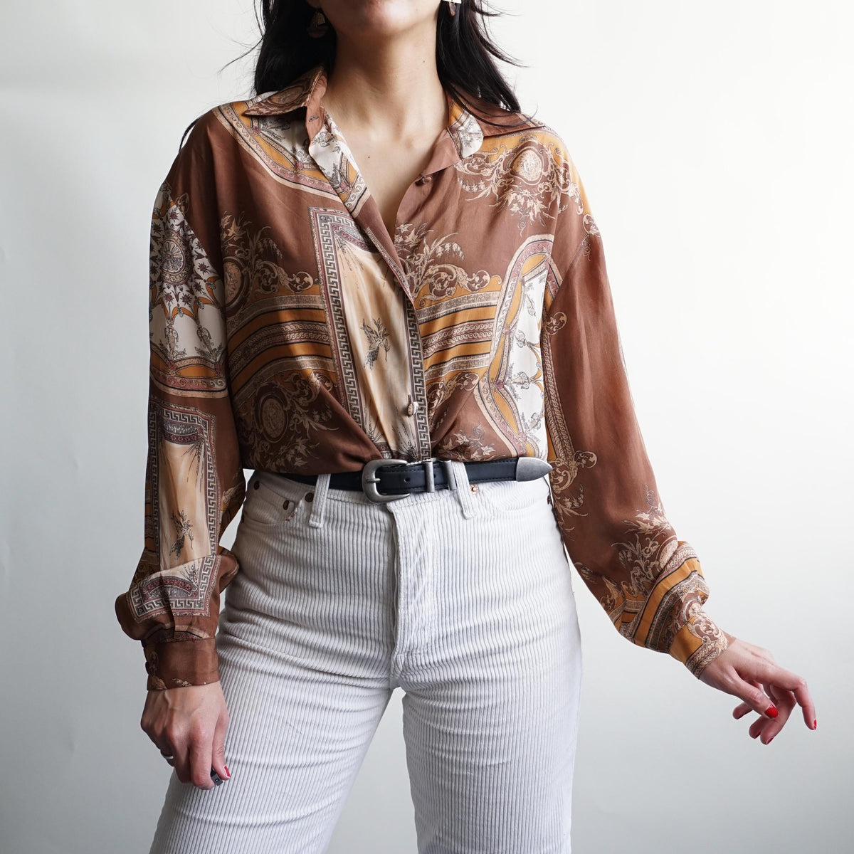 Vintage 80s Silk Blouse size L baroque print