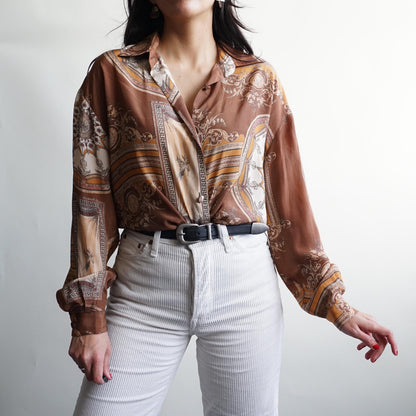 Vintage 80s Silk Blouse size L baroque print