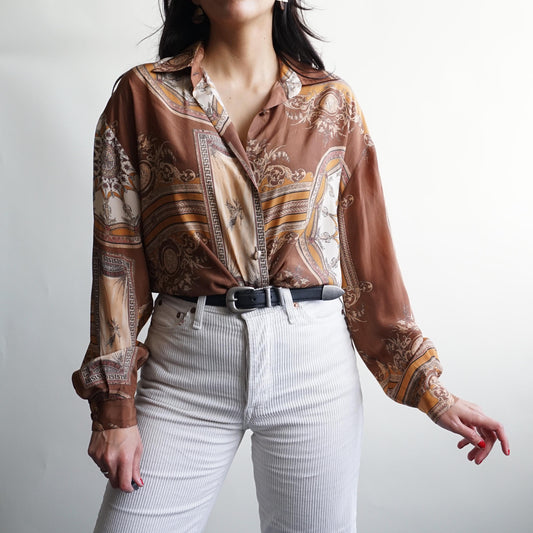 Vintage 80s Silk Blouse size L baroque print