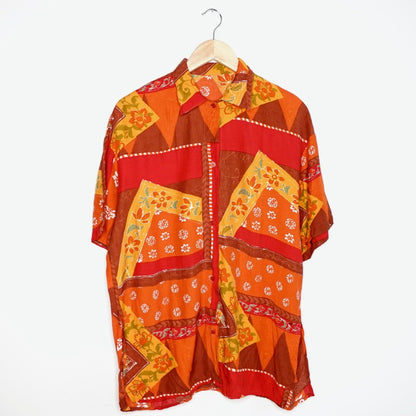 Vintage short sleeved red orange yellow shirt | Button Up 90s shirt | Vintage Unisex 90s Shirt Women Men