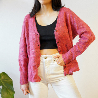 Vintage pink handmade Cardigan Size XS-S wool knit jacket sweater 90s jumper