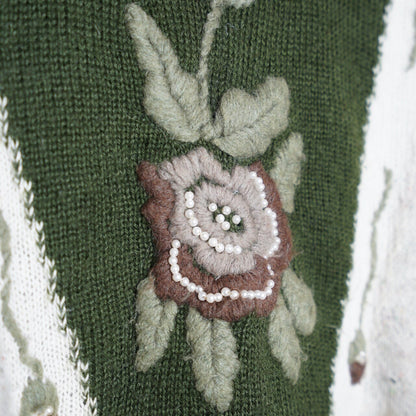 Vintage green wool Pullover Size M floral embroidery pearls pattern sweater 90s jumper cozy winter pullover