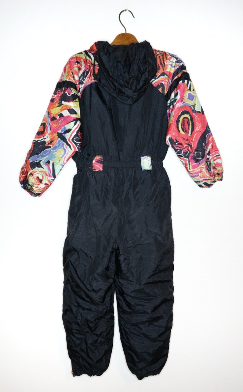 Vintage Rodeo black Ski Suit Size XS crazy pattern 80s 90s One Piece Winter Suit retro ski jacket kids women