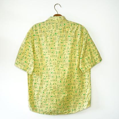 Vintage yellow short sleeved button up Shirt size M-L green pattern summer shirt festival shirt