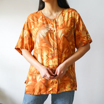 Vintage orange Blouse Size M-L short sleeved blouse 90s light blouse summer shirt