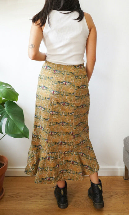 Vintage cotton Skirt Size S-M yellow butterfly pattern midi skirt Festival skirt Boho Style Skirt Spring Summer Skirt
