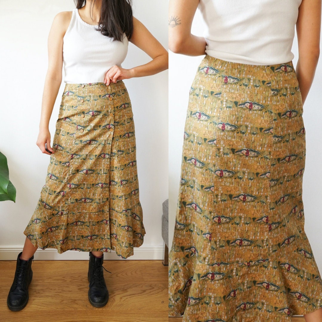 Vintage cotton Skirt Size S-M yellow butterfly pattern midi skirt Festival skirt Boho Style Skirt Spring Summer Skirt