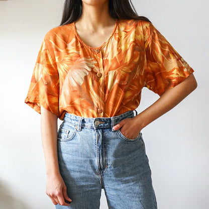 Vintage orange Blouse Size M-L short sleeved blouse 90s light blouse summer shirt