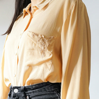 Vintage silk mix blouse Size M long sleeved blouse silk blouse embroidery details
