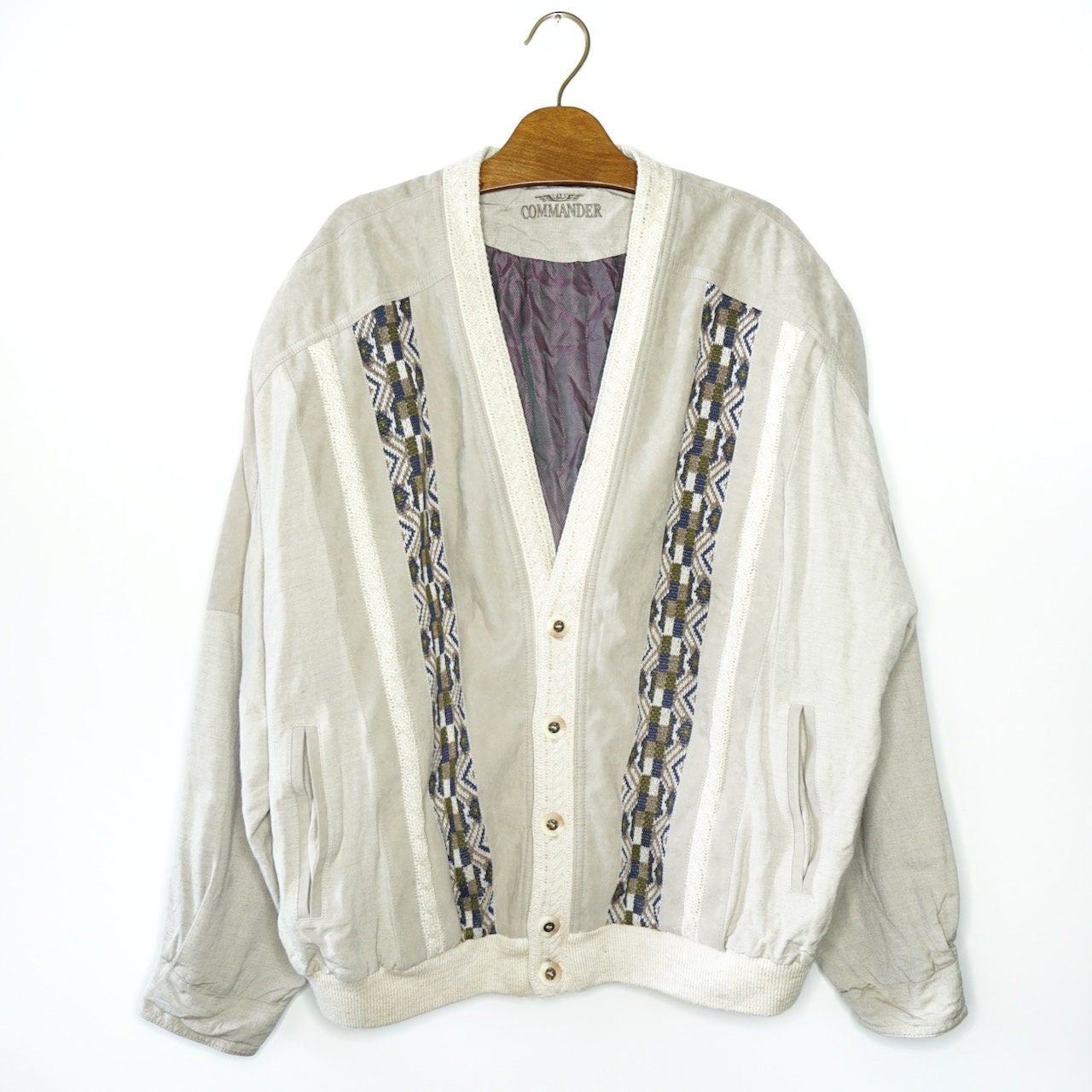 Vintage linen bomber Jacket Size XL beige purple light jacket wool details 90s jacket knit jacket