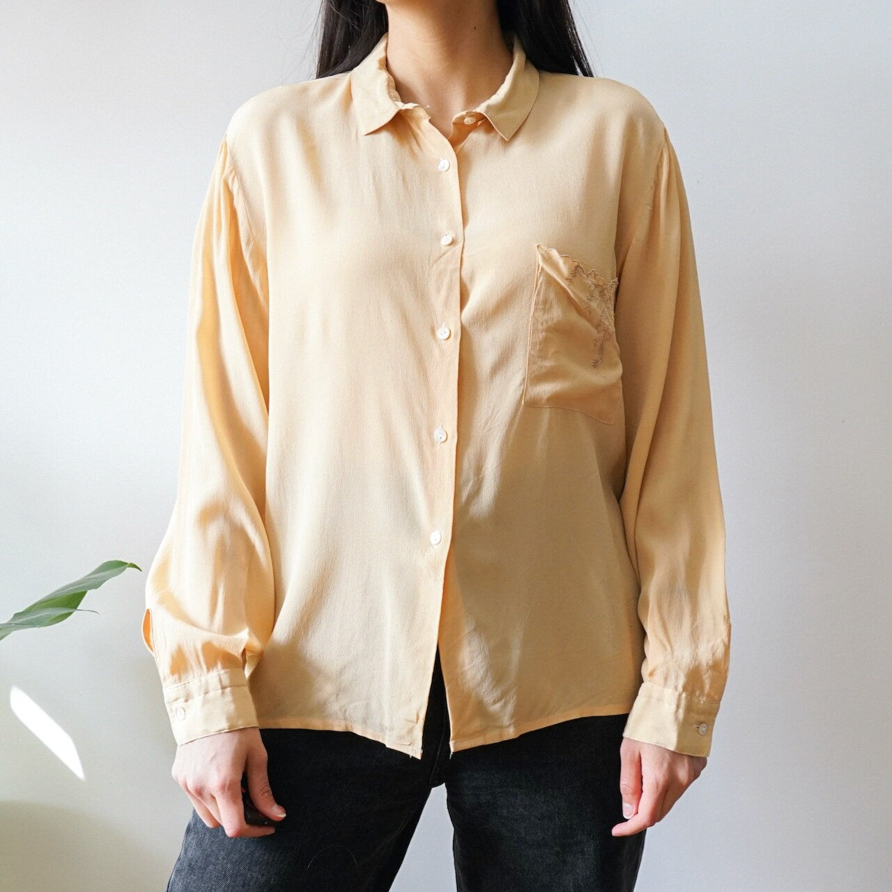Vintage silk mix blouse Size M long sleeved blouse silk blouse embroidery details