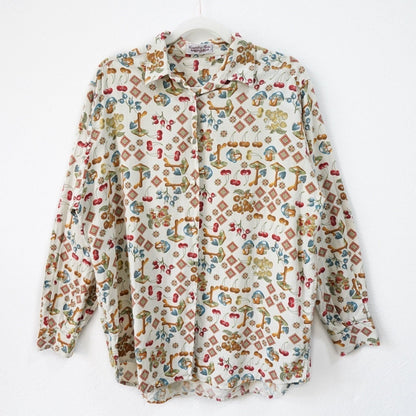 Vintage long sleeved Shirt size M-L colourful pattern mushrooms print shirt summer shirt crazy pattern shirt