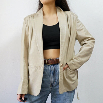 Vintage cream leather Blazer Size S beige leather blazer formal leather jacket 90s leather jacket with belt