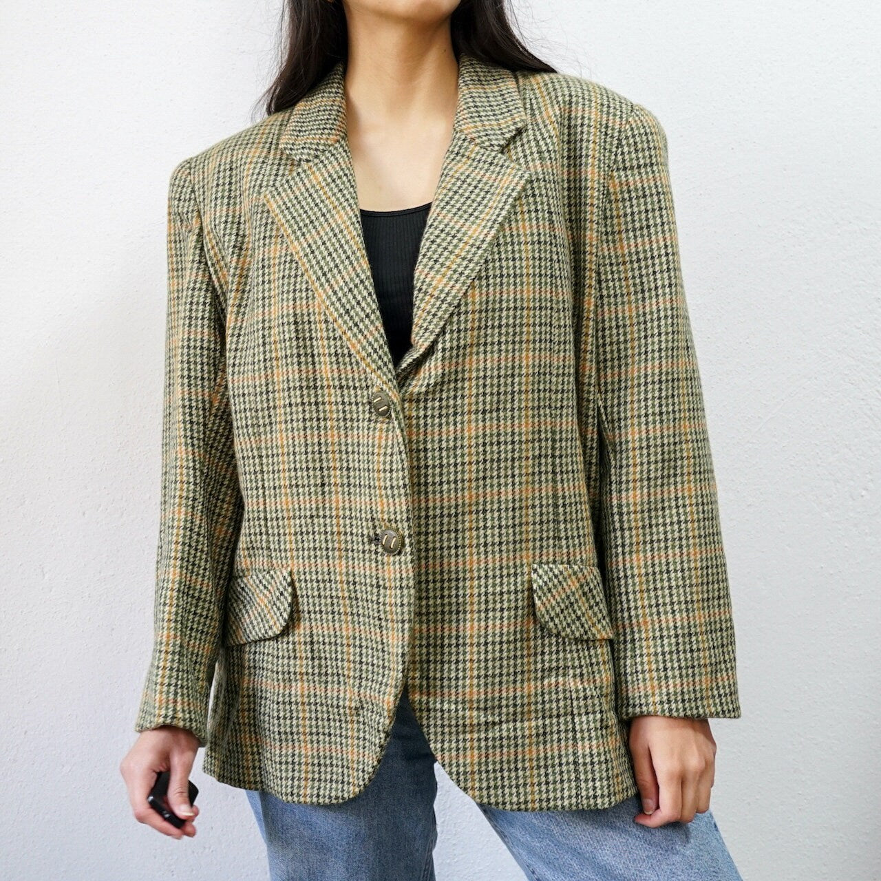 Vintage green yellow Blazer Size M checkered wool jacket shoulder pads blazer 90s blazer jacket