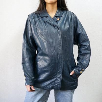 Vintage blue leather jacket Size M leather blazer 90s leather jacket