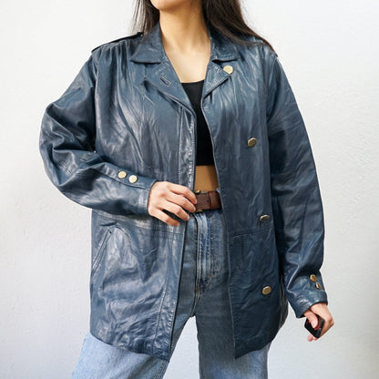 Vintage blue leather jacket Size M leather blazer 90s leather jacket