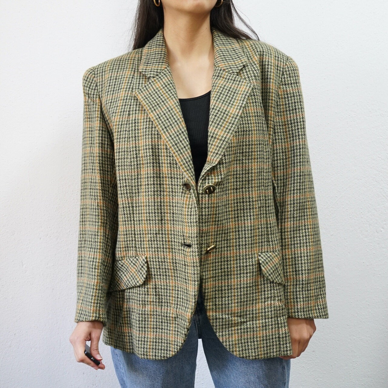 Vintage green yellow Blazer Size M checkered wool jacket shoulder pads blazer 90s blazer jacket
