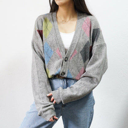 Vintage grey wool cardigan size M  geometric pattern colourful cardigan light wool jacket
