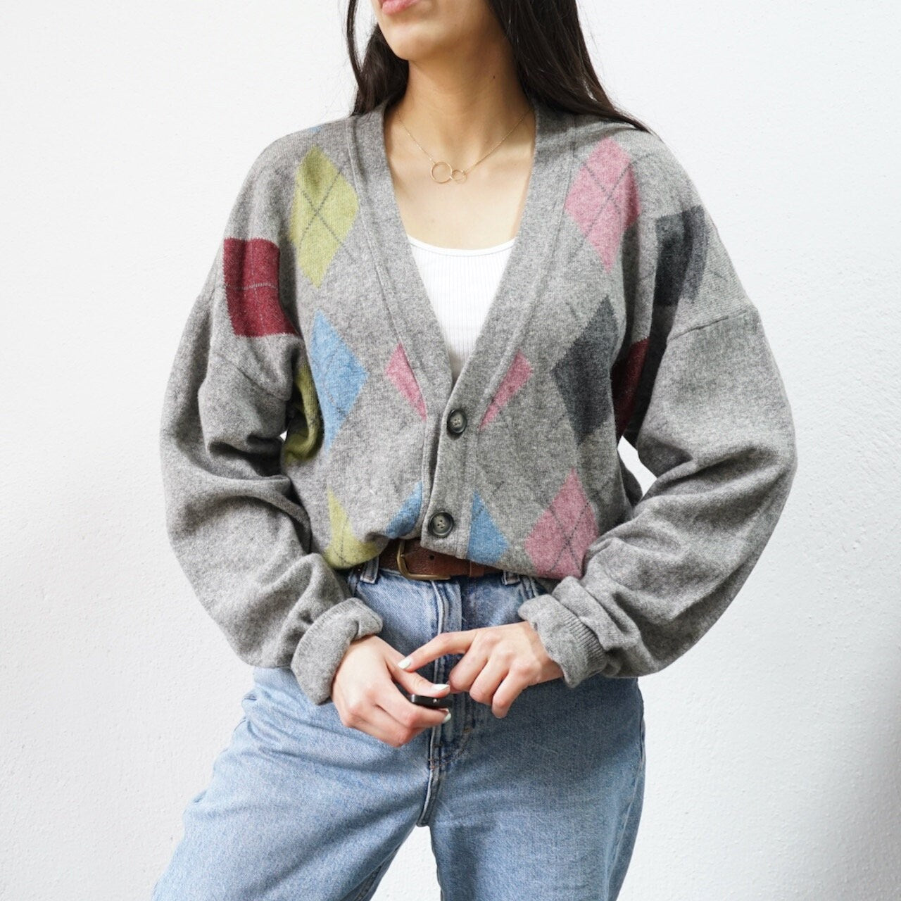 Vintage grey wool cardigan size M  geometric pattern colourful cardigan light wool jacket