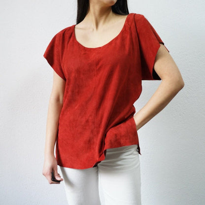Vintage red suede blouse size M short sleeved leather blouse suede top
