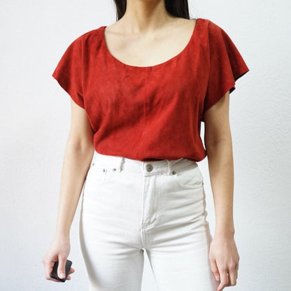 Vintage red suede blouse size M short sleeved leather blouse suede top