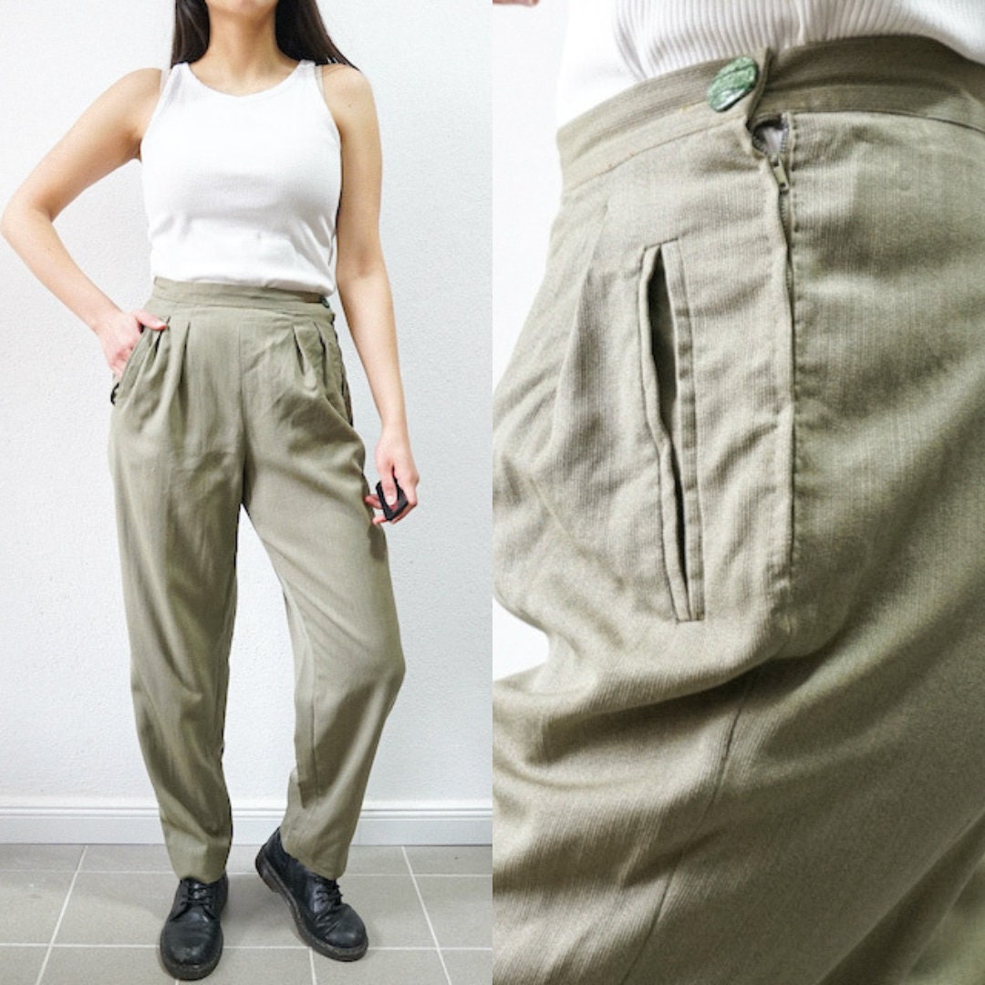 Vintage green Pants Size S high waisted trousers light pants spring trousers
