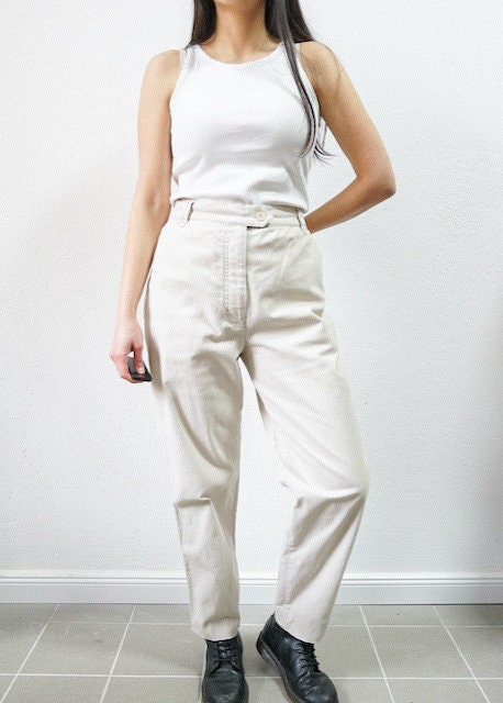 Vintage beige cotton Pants Size M cotton high waisted trousers cream trousers white pants