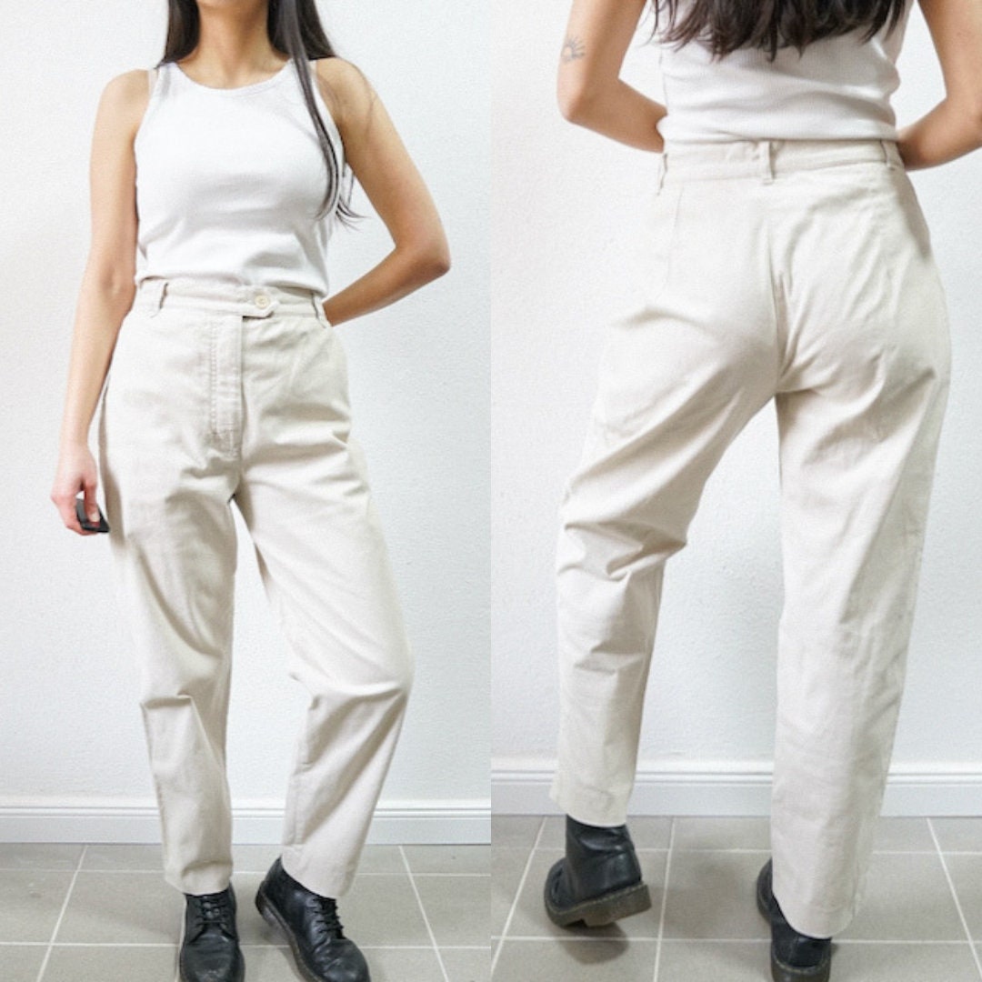 Vintage beige cotton Pants Size M cotton high waisted trousers cream trousers white pants