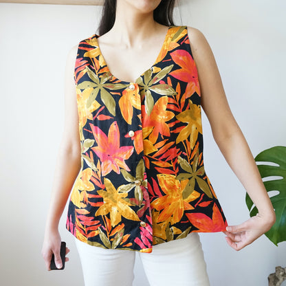 Vintage sleeveless floral blouse size M colorful floral blouse button up blouse
