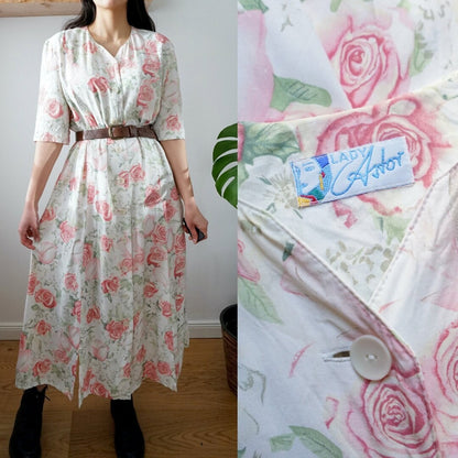 Vintage white floral Dress size L roses pattern dress maxi dress midi dress button up dress