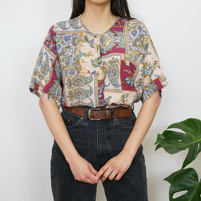 Vintage floral paisley Blouse size L short sleeved colorful blouse button up shirt unisex