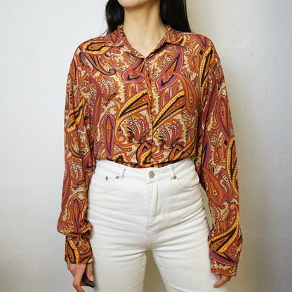 Vintage paisley Blouse size M-L long sleeved colorful blouse button up shirt 90s top