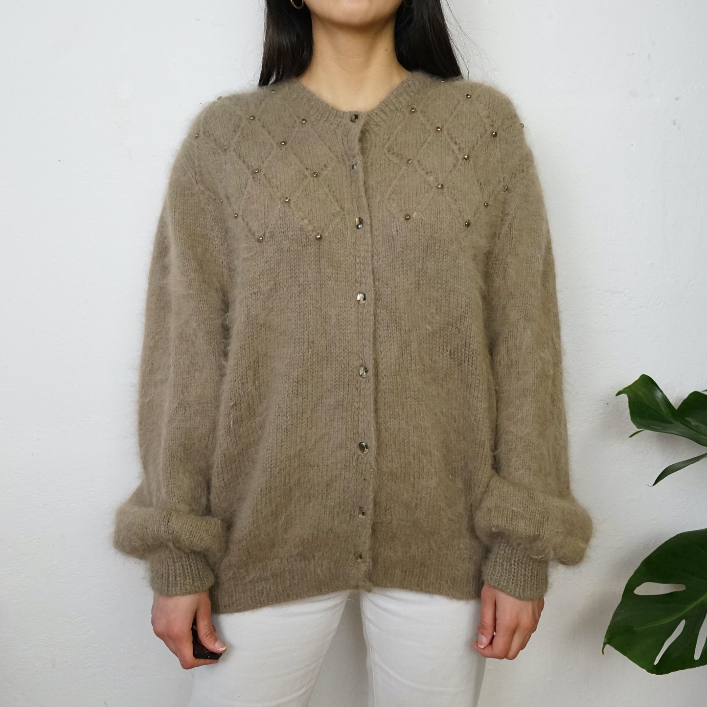 Vintage soft cardigan size L beaded knit jacket light brown cardigan