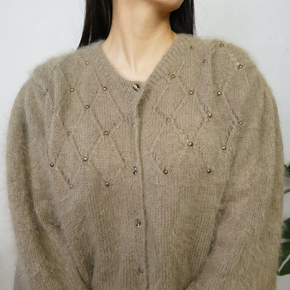 Vintage soft cardigan size L beaded knit jacket light brown cardigan