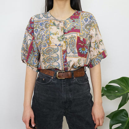 Vintage floral paisley Blouse size L short sleeved colorful blouse button up shirt unisex