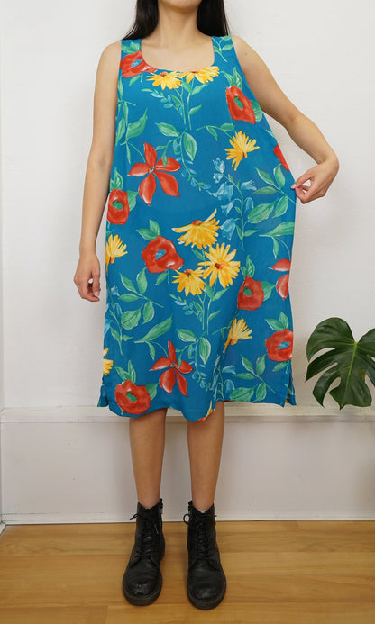 Vintage blue floral Dress size L sleeveless