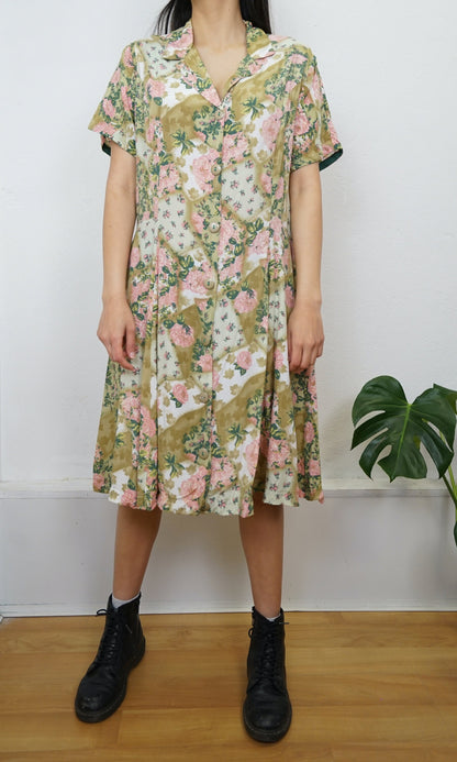 Vintage floral Dress size S green pink