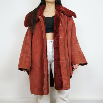 Vintage red Shearling Jacket Cape Size L-XL