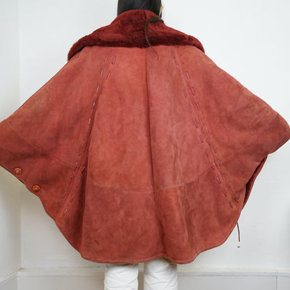 Vintage red Shearling Jacket Cape Size L-XL