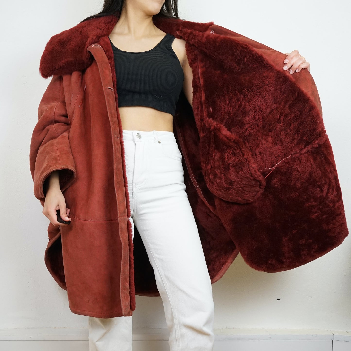 Vintage red Shearling Jacket Cape Size L-XL