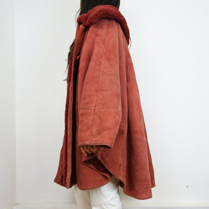 Vintage red Shearling Jacket Cape Size L-XL