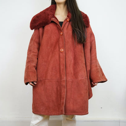 Vintage red Shearling Jacket Cape Size L-XL