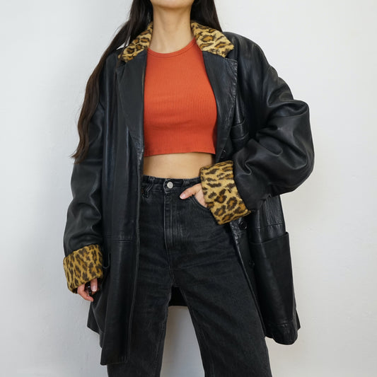 Vintage leopard leather jacket Size L fake fur